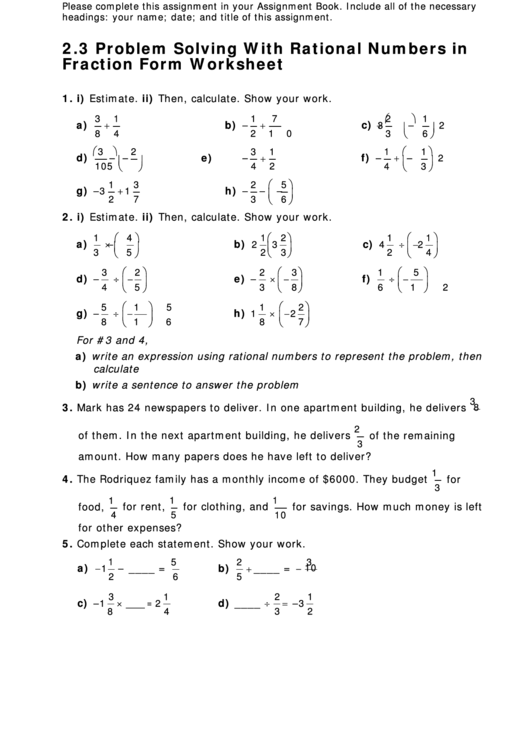 Rational Numbers In Fraction Form Worksheet Printable pdf