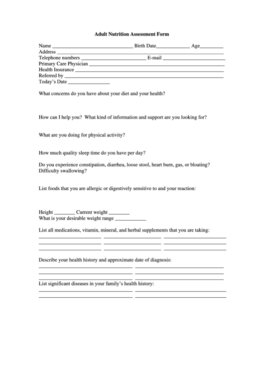 Adult Nutrition Assessment Form Printable pdf