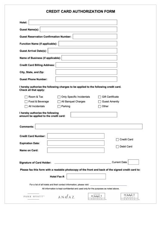 Fillable Hyatt Credit Card Authorization Form Printable pdf