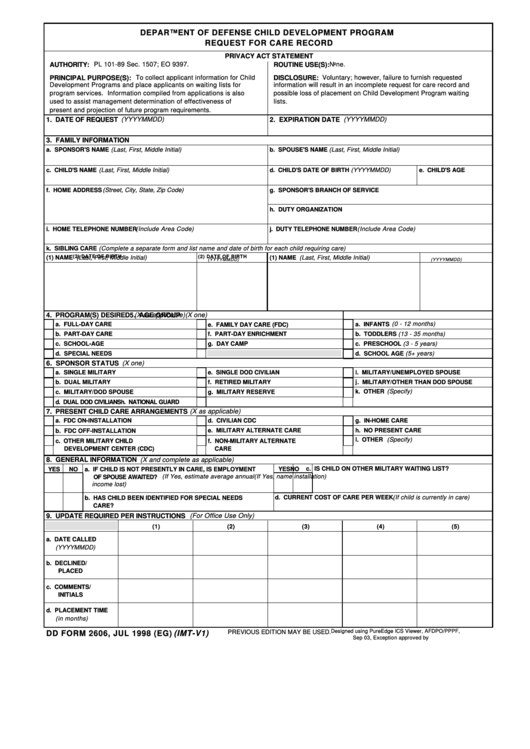Department Of Defense Child Development Program - Request For Care Record - Dd Form 2606