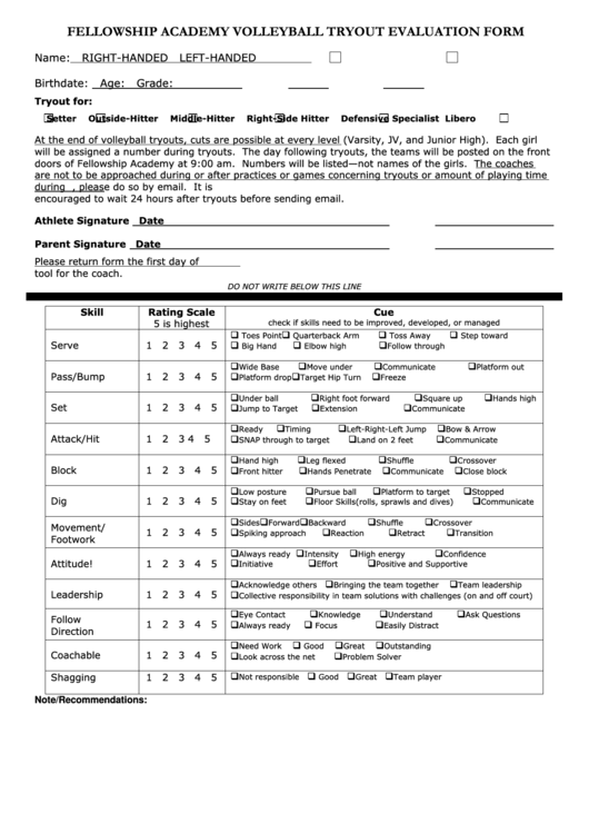 Printable Volleyball Tryout Evaluation Form