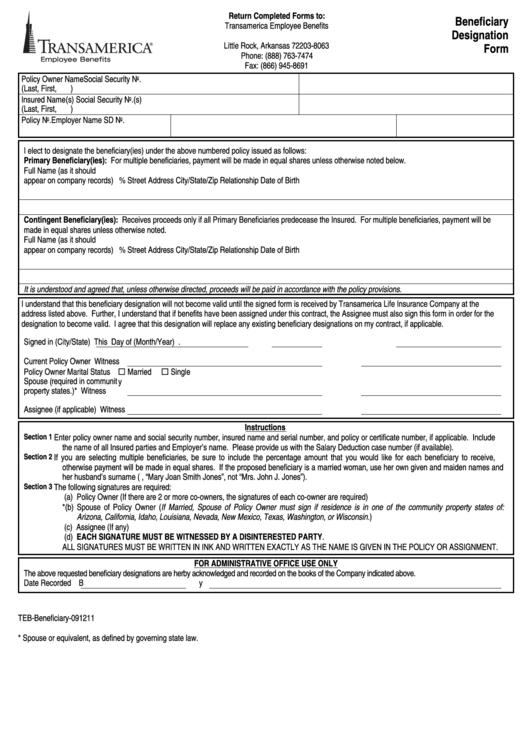 Transamerica Beneficiary Designation Form Printable Pdf Download