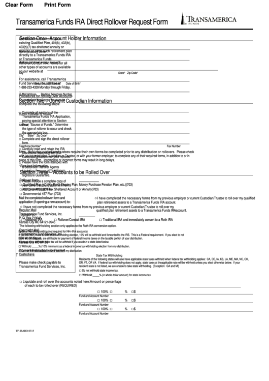 Fillable Transamerica Funds Ira Direct Rollover Request Form Printable pdf