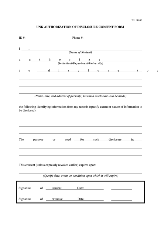 Unk Authorization Of Disclosure Consent Form Printable pdf