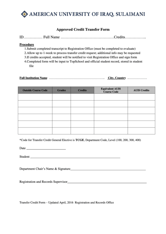 Approved Credit Transfer Form Printable pdf