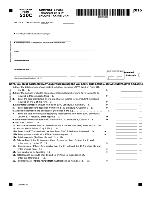 Fillable Maryland Form 510c - Composite Pass-Through Entity Income Tax Return - 2016 Printable pdf