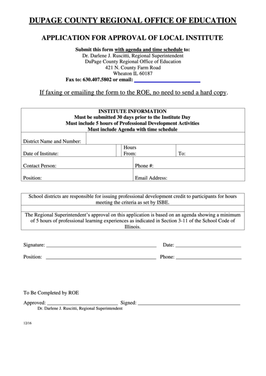 Dupage County Regional Office Of Education - Application For Approval Of Local Institute Printable pdf