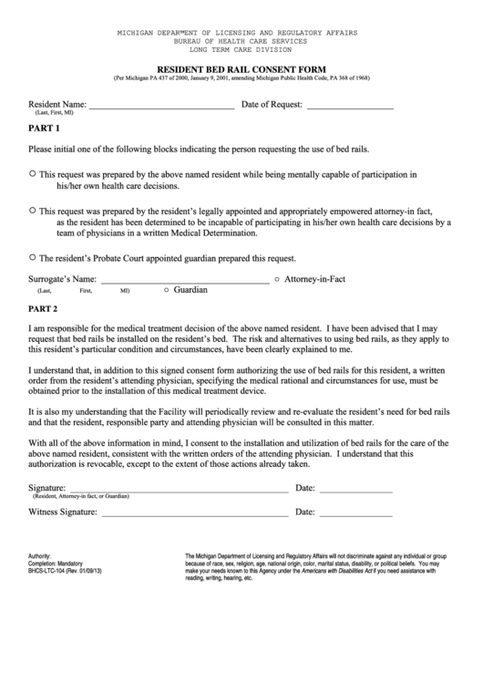 Resident Bed Rail Consent Form - Michigan Printable pdf