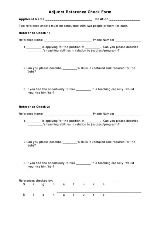 Adjunct Reference Check Form Printable pdf