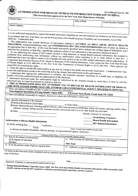 Oca Official Form 960 - Authorization For Release Of Health Information Pursuant To Hipaa Printable pdf