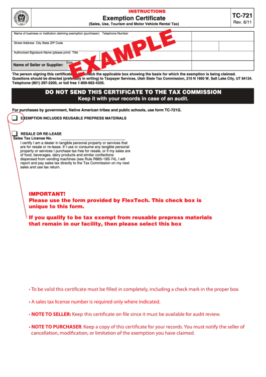 Form Tc-721 Example - Exemption Certificate Printable pdf