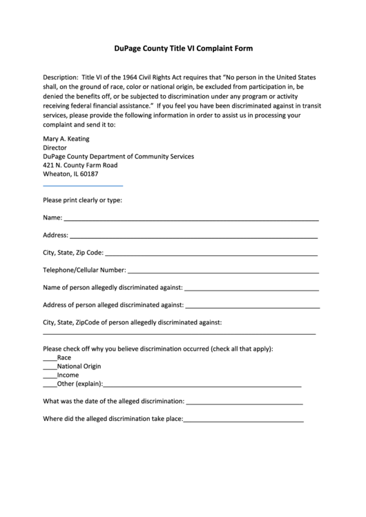 Dupage County Title Vi Complaint Form - Dupage County Department Of Community Services Printable pdf
