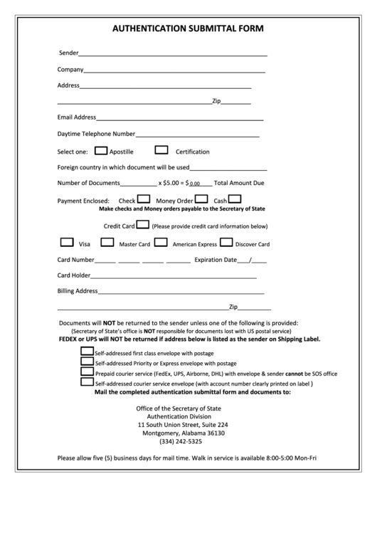 Authentication Submittal Form - Alabama Secretary Of State Printable pdf