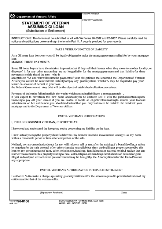 Va Form 26-8106 Statement Of Veteran Assuming Gi Loan - Department Of Veterans Affairs Printable pdf