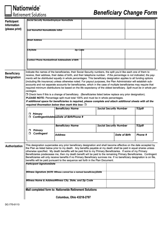 Form Dc-770-0113 - Nationwide Beneficiary Change Form Printable pdf
