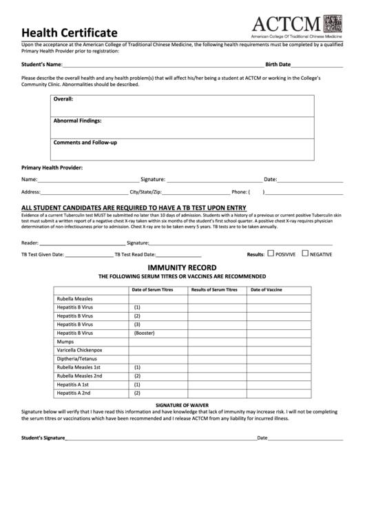 Actcm Health Certificate Printable pdf