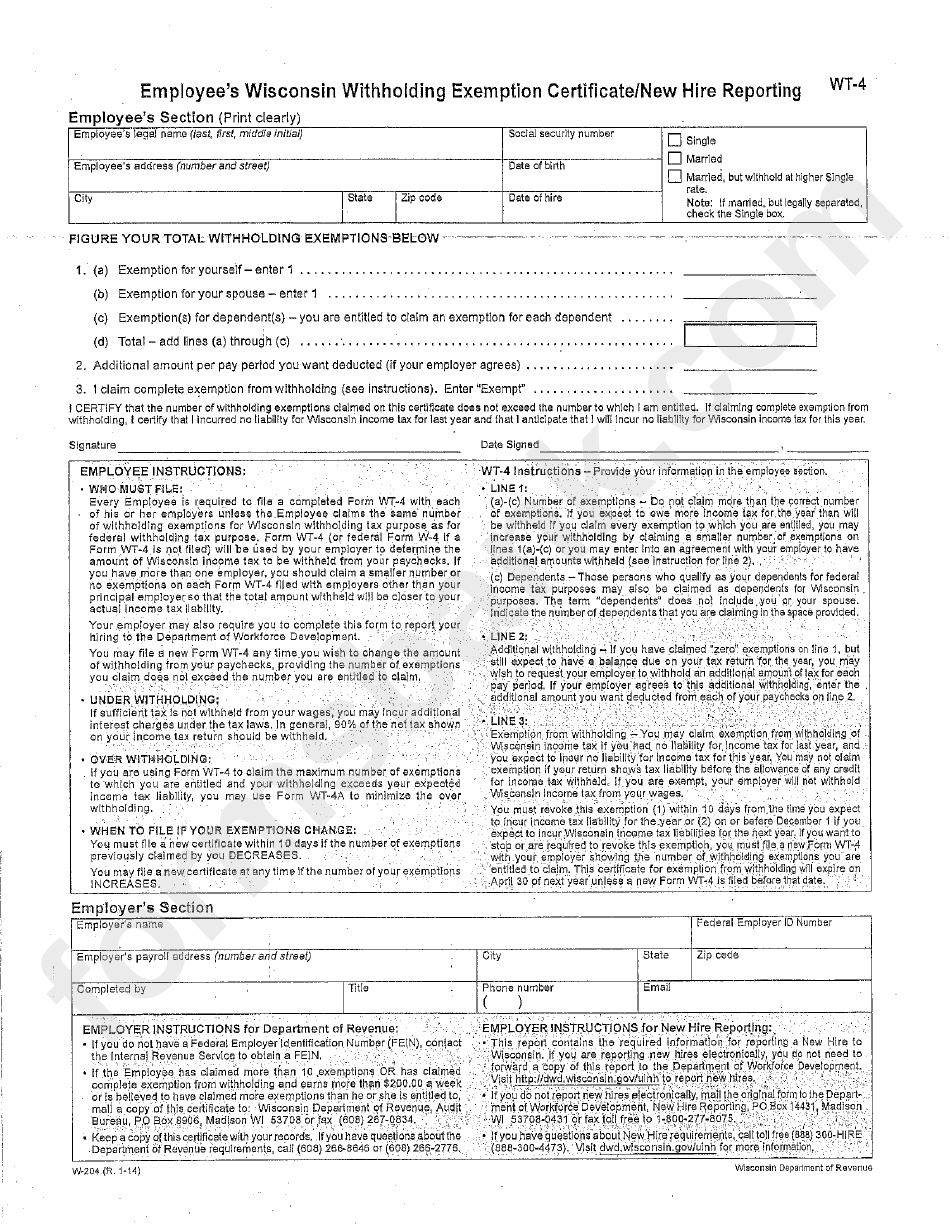Form Wt4 (State Tax Exemptions) printable pdf download