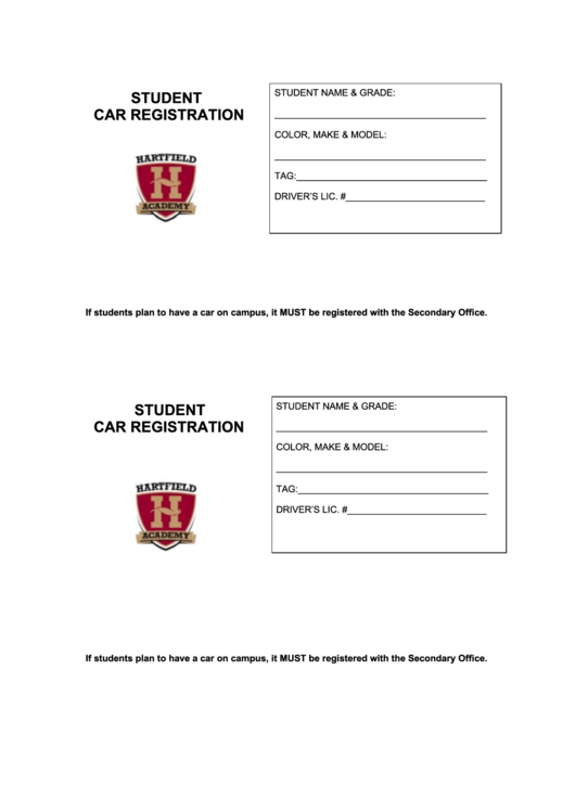 Car Registration Form - Hartfield Academy Printable pdf