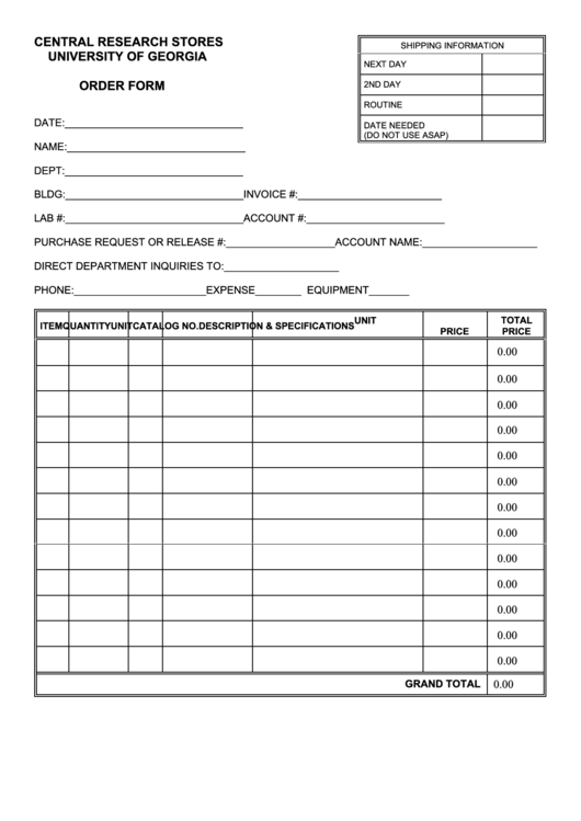 Fillable Central Research Stores Order Form Printable pdf
