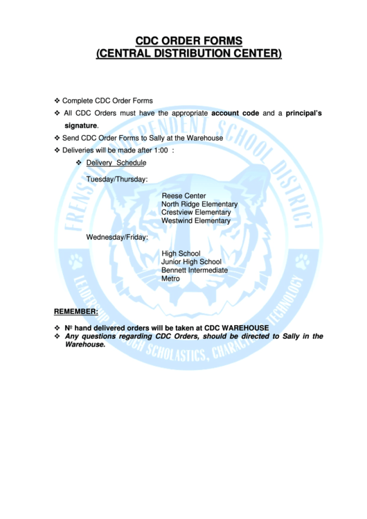 Cdc Order Forms (Central Distribution Center) Printable pdf