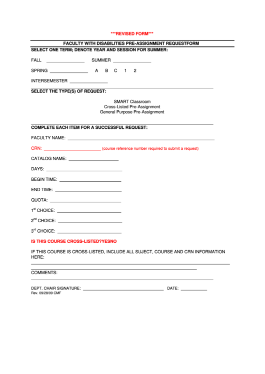 Faculty With Disabilities Pre-Assignment Request Form Printable pdf