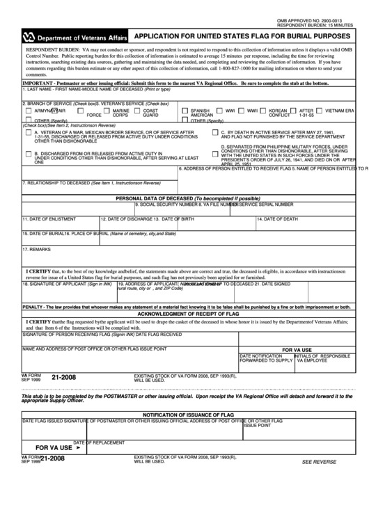 Fillable Va Form 21-2008 - Application For United States Flag For Burial Purposes Printable pdf