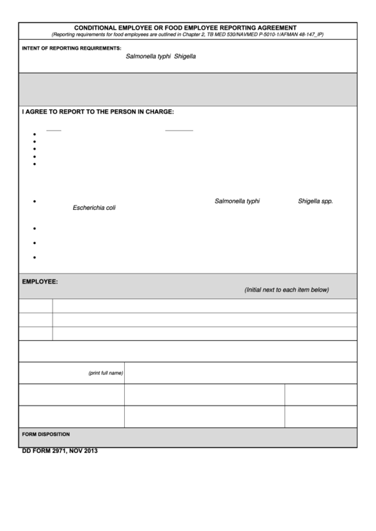 Fillable Dd Form 2971 - Conditional Employee Or Food Employee Reporting Agreement Printable pdf