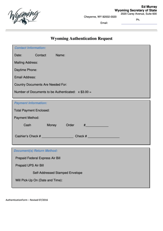 Fillable Wyoming Authentication Request Form - 2016 Printable pdf