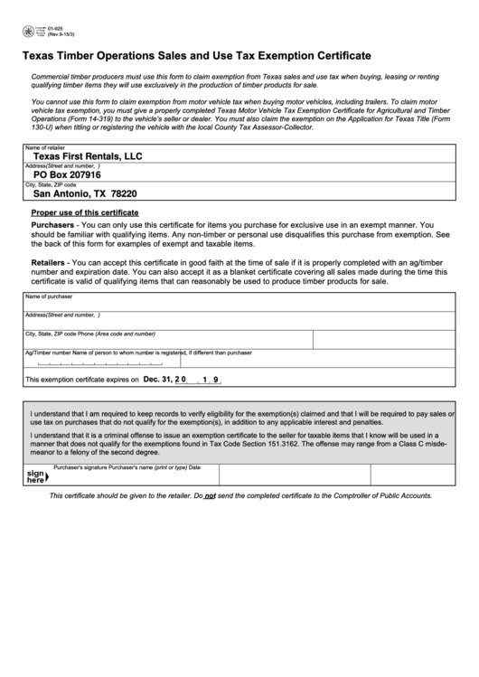 Free Printable Texas Agricultural Or Timber Tax Exemption Form