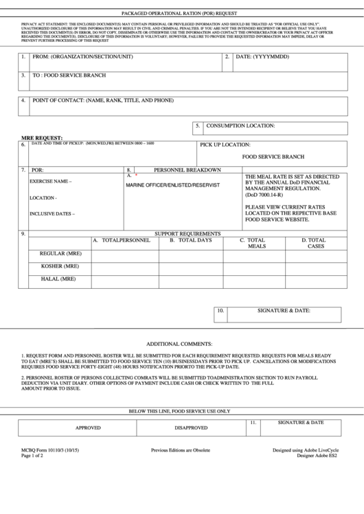 Fillable Mcbq Form 10110/3 - Packaged Operational Ration (Por) Request Form Printable pdf