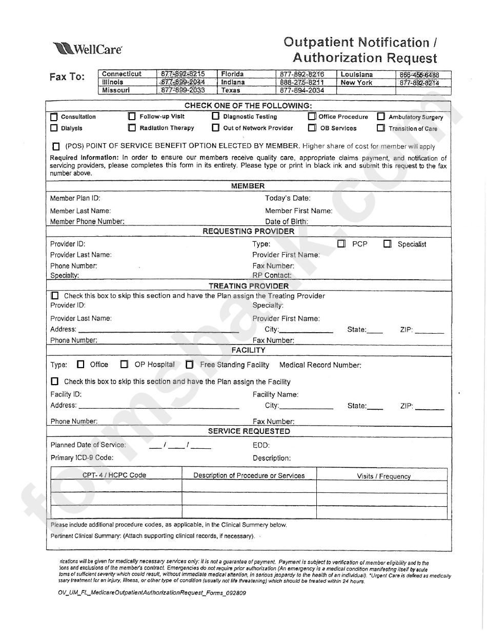 Wellcare Authorization Request Form
