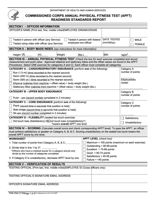 Fillable Form Phs-7044 - Commissioned Corps Annual Physical Fitness Test - Readiness Standards Report - Department Of Health And Human Services Printable pdf