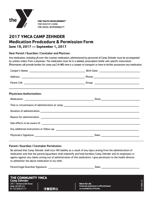 Ymca Camp Zehnder Medication Procedure And Permission Form - 2017 Printable pdf