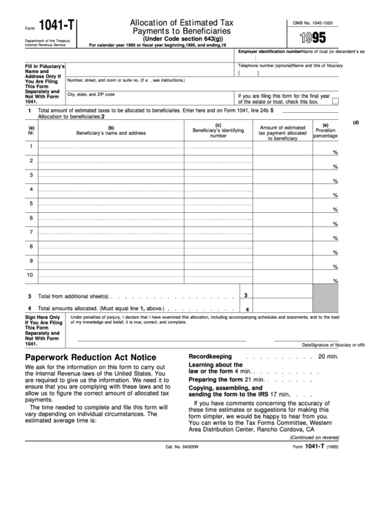 Form 1041-T - Allocation Of Estimated Tax Payments To Beneficiaries - 1995 Printable pdf