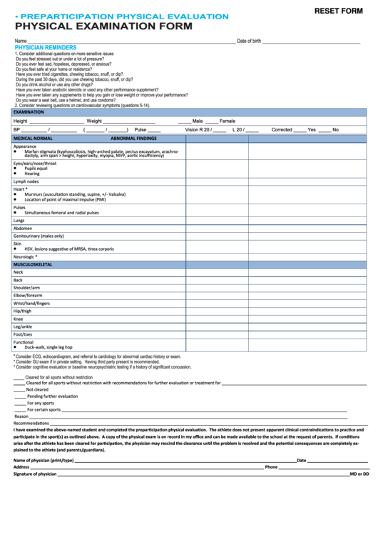 Fillable Physical Examination Form Printable pdf