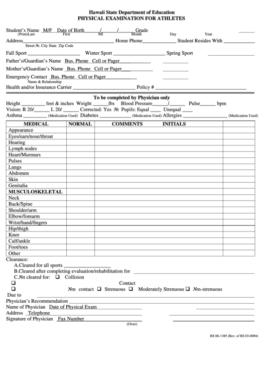 Physical Examination For Athletes - Hawaii State Department Of Education Printable pdf