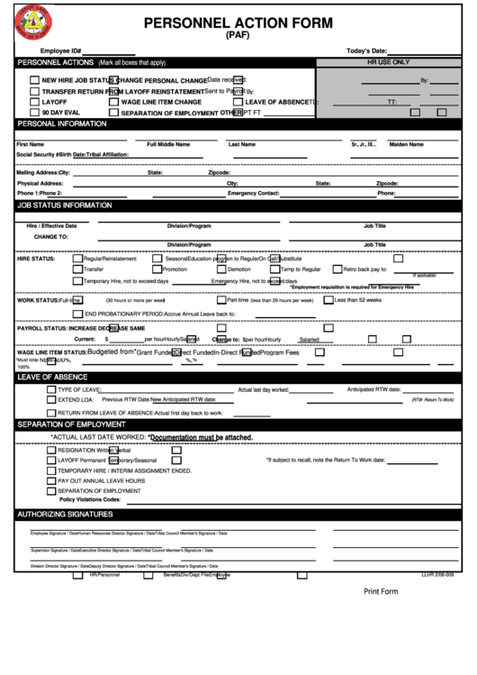 Fillable Personnel Action Form (Paf) Printable pdf