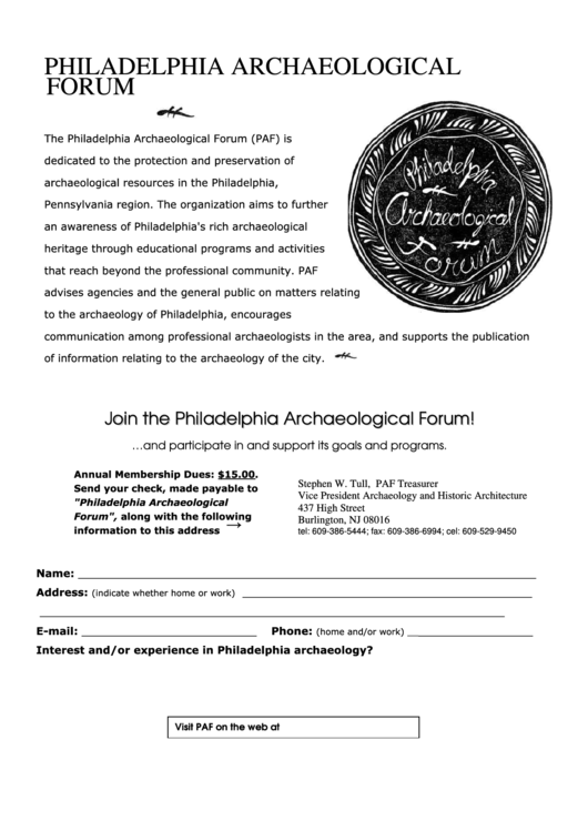 Paf Membership Form - Philadelphia Archaeological Forum Printable pdf