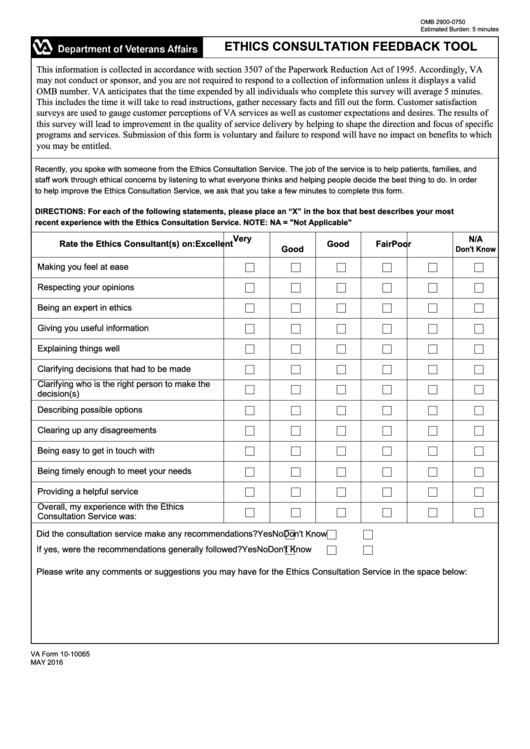 Fillable Va Form 10-10065 - Ethics Consultation Feedback Tool Printable pdf