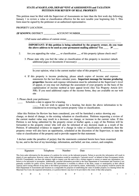 Form Sdat-Rp - Petition For Review Of Real Property Printable pdf