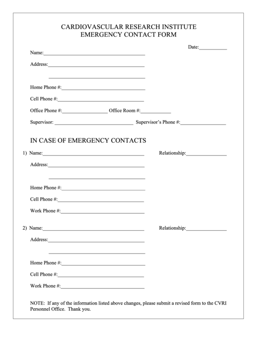 Fillable Emergency Contact Form Printable pdf