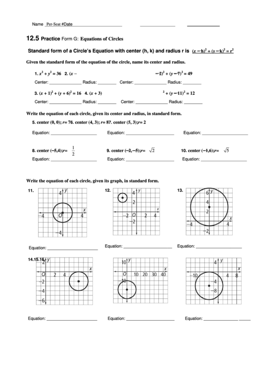 Practice Form G: Equations Of Circles Printable pdf