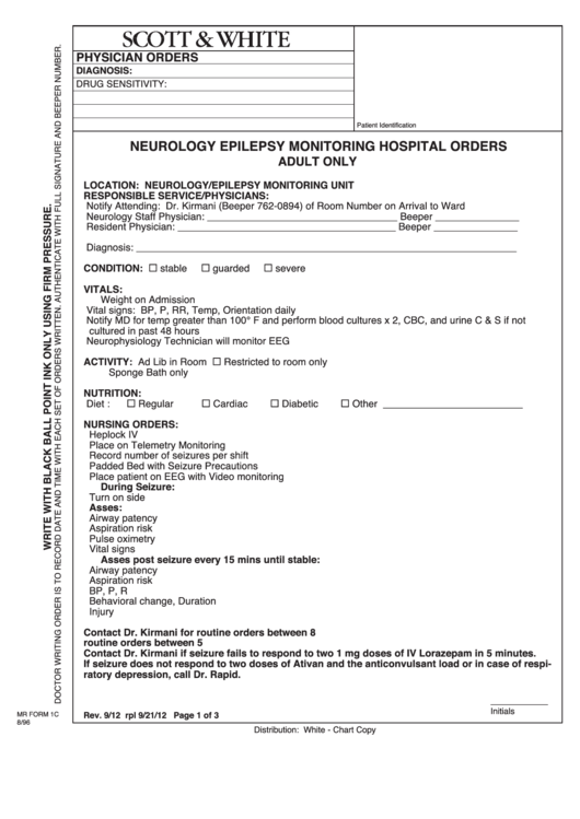 Fillable Mr Form 1c - Neurology Epilepsy Monitoring Hospital Orders Printable pdf