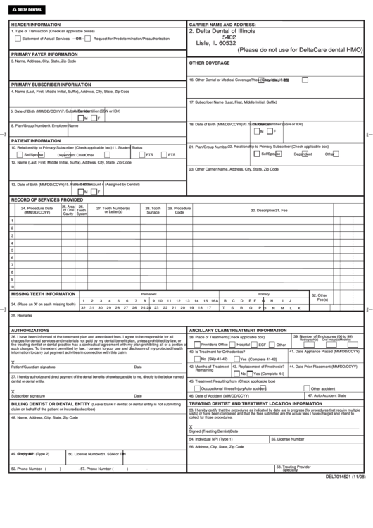 Fillable Form Del7014521 - Delta Dental Claim Form Printable pdf
