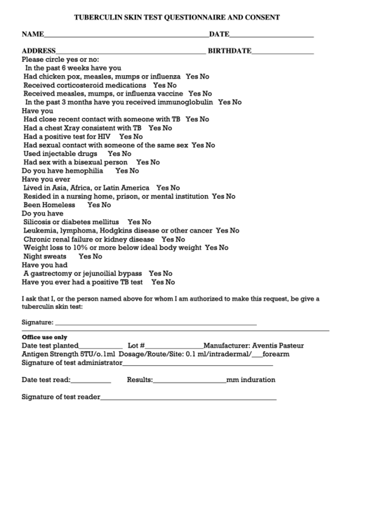 Tuberculin Questionnaire Printable pdf