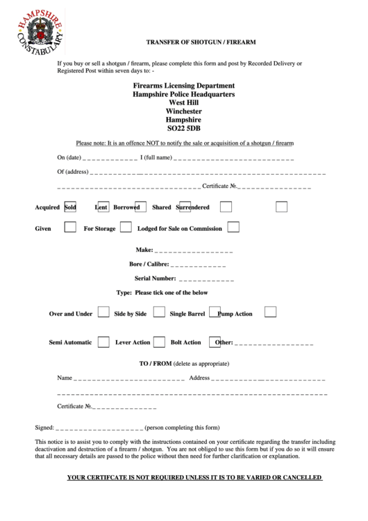 Transfer Of Shotgun/firearm Printable pdf