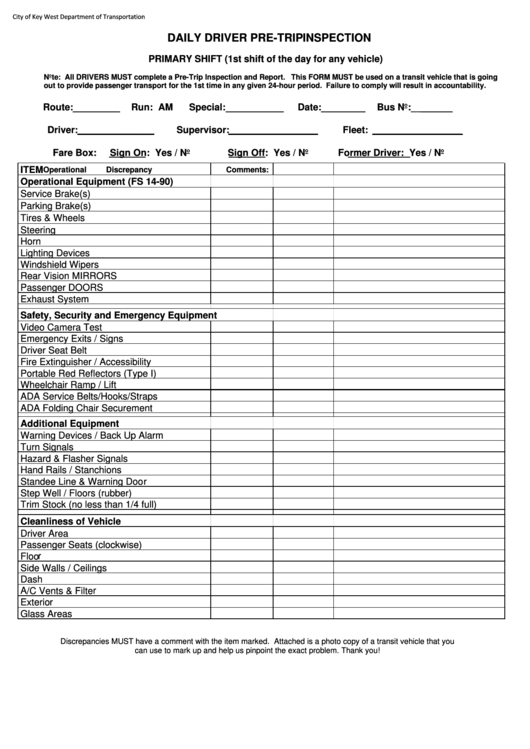 Daily Bus Driver Pre-Trip Inspection Form printable pdf download