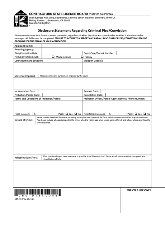Disclosure Statement Printable pdf
