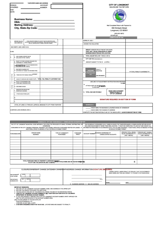 Sales Use Tax Return Form - City Of Longmont Printable pdf