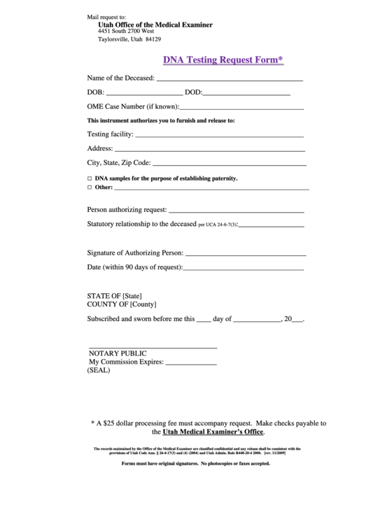 Dna Testing Request Form Printable pdf